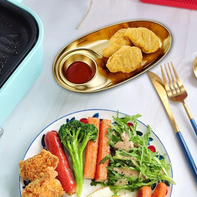VATTU Kitchen Stainless Steel Snack Plate Grid Oval Cutlery Sauce Plate Western Food French Fries Fried Chicken Dim Sum Plate Split Plate Oval Camping Adult Snack Plate (Gold) - Image 3