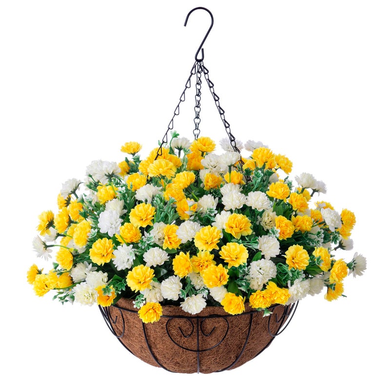 Ammyoo Artificial Hanging Flowers Basket for Spring Outdoors Decoration Silk Mums Fake Flowers UV Resistant Look Real Daisy with Coconut Lining Baskets for Outside Porch Courtyard DecorYellow and White - Image 2