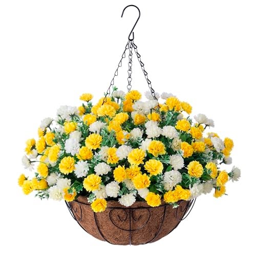 Ammyoo Artificial Hanging Flowers Basket for Spring Outdoors Decoration Silk Mums Fake Flowers UV Resistant Look Real Daisy with Coconut Lining Baskets for Outside Porch Courtyard DecorYellow and White - Image 1