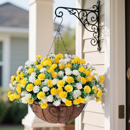 Ammyoo Artificial Hanging Flowers Basket for Spring Outdoors Decoration Silk Mums Fake Flowers UV Resistant Look Real Daisy with Coconut Lining Baskets for Outside Porch Courtyard DecorYellow and White - Image 3