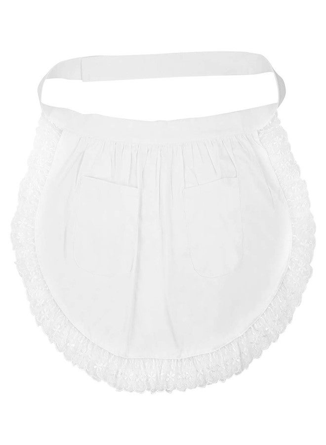 BESTonZON White Cotton Waist Apron with Pockets for Women Lace Short Half Apron for Waitresses Maids Cooking in Restaurants Cafes - Image 1