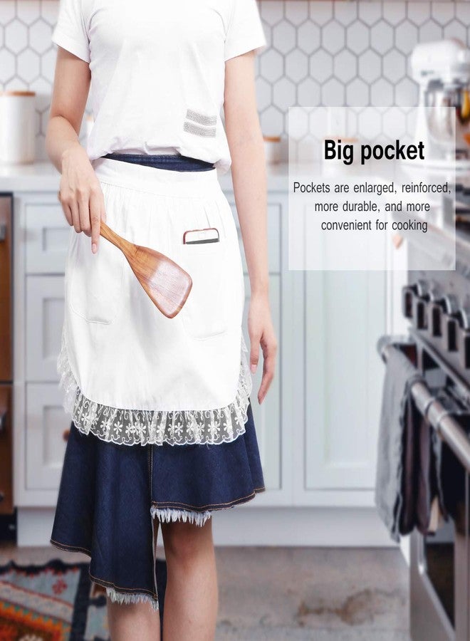 BESTonZON White Cotton Waist Apron with Pockets for Women Lace Short Half Apron for Waitresses Maids Cooking in Restaurants Cafes - Image 3