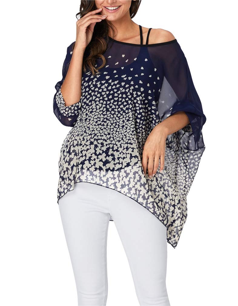 Vanbuy Womens Summer Floral Printed Batwing Sleeve Top Chiffon Poncho Flowy Loose Sheer Blouse Shirt Tunic Z336-43-4328 - Image 2