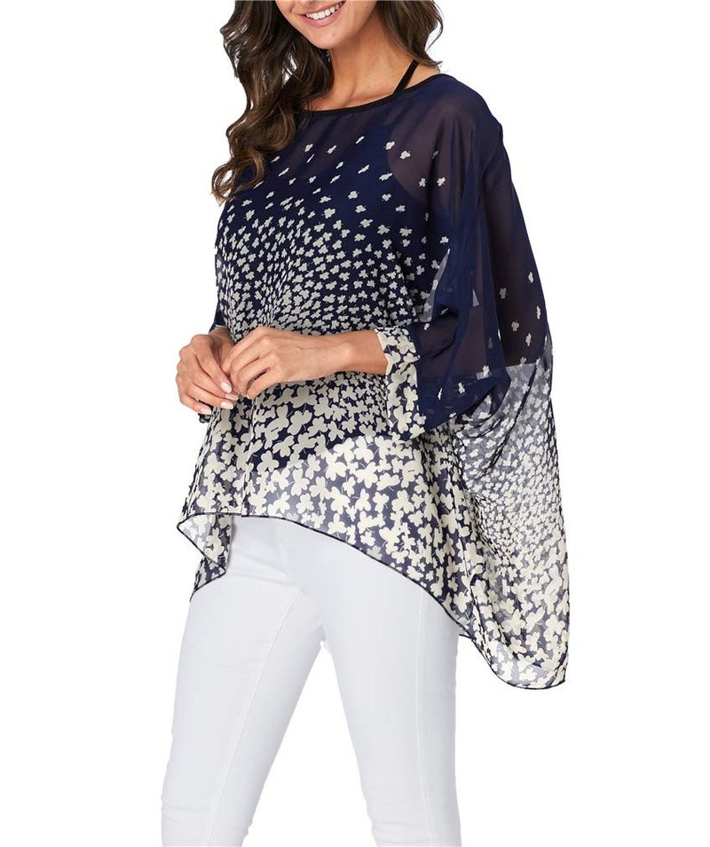 Vanbuy Womens Summer Floral Printed Batwing Sleeve Top Chiffon Poncho Flowy Loose Sheer Blouse Shirt Tunic Z336-43-4328 - Image 3