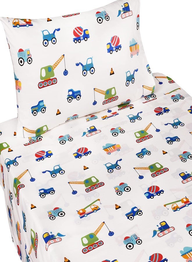 J-pinno Build Construction Engineering Vehicle Cars Trucks Crane Digger Cartoon 100% Cotton Twin 3 Pieces Sheet Set Decoration Kids Boys Children Flat Sheet + Fitted Sheet + Pillowcase Bedding Set - Image 1