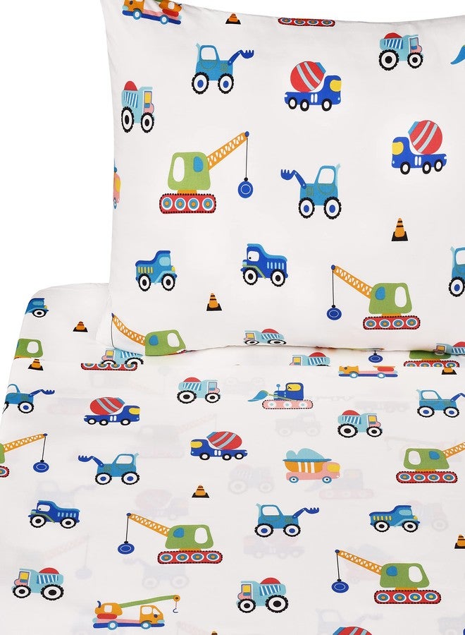 J-pinno Build Construction Engineering Vehicle Cars Trucks Crane Digger Cartoon 100% Cotton Twin 3 Pieces Sheet Set Decoration Kids Boys Children Flat Sheet + Fitted Sheet + Pillowcase Bedding Set - Image 3