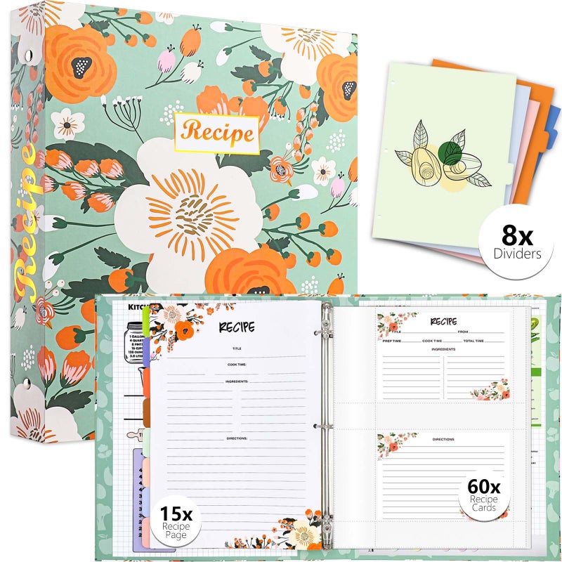 Relaehih 3 Ring Recipe Binder 8.5" x 11" Recipe Book Recipe Binder Kit with 60 Printed Recipe Cards 4'' x 6'', 8 Category Dividers to Write in Your Recipes, Unique Gifts for Women (Green) - Image 1