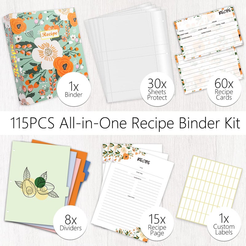 Relaehih 3 Ring Recipe Binder 8.5" x 11" Recipe Book Recipe Binder Kit with 60 Printed Recipe Cards 4'' x 6'', 8 Category Dividers to Write in Your Recipes, Unique Gifts for Women (Green) - Image 3
