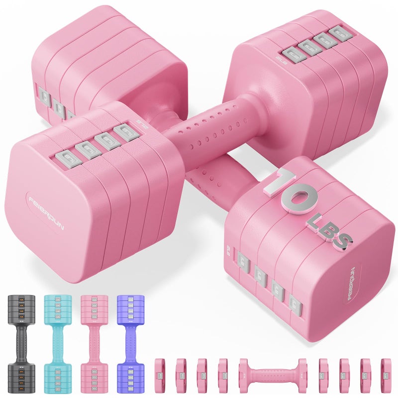 FEIERDUN 5-in-1 Adjustable Dumbbell Set, Each 10/8/6/4/2lbs Hand Weights for Women, 1s-Adjust Dual-Stable Dumbbell Set for Women Home Gym & Outdoor - Image 1