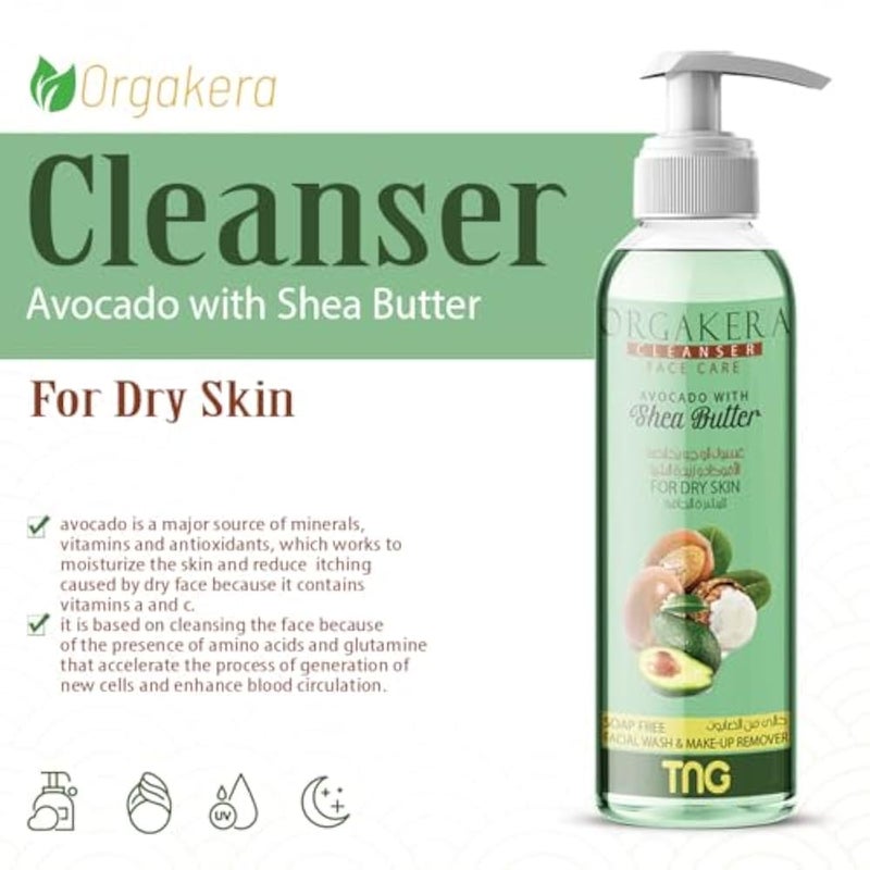 Orgakera Cleanser Face Care Avocado With Shea Butter For Dry Skin-Soap Free Facial Wash & Make-Up Remover-250ML - Image 2