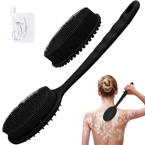 GEENOA Silicone Back Scrubber, Soft Silicone Loofah with Handle, Gentle Exfoliating Back Scrubber, Back Brush Bath Brush with Two Dual-Side & Detachable Brush Heads(Black-Two Heads) - Image 1