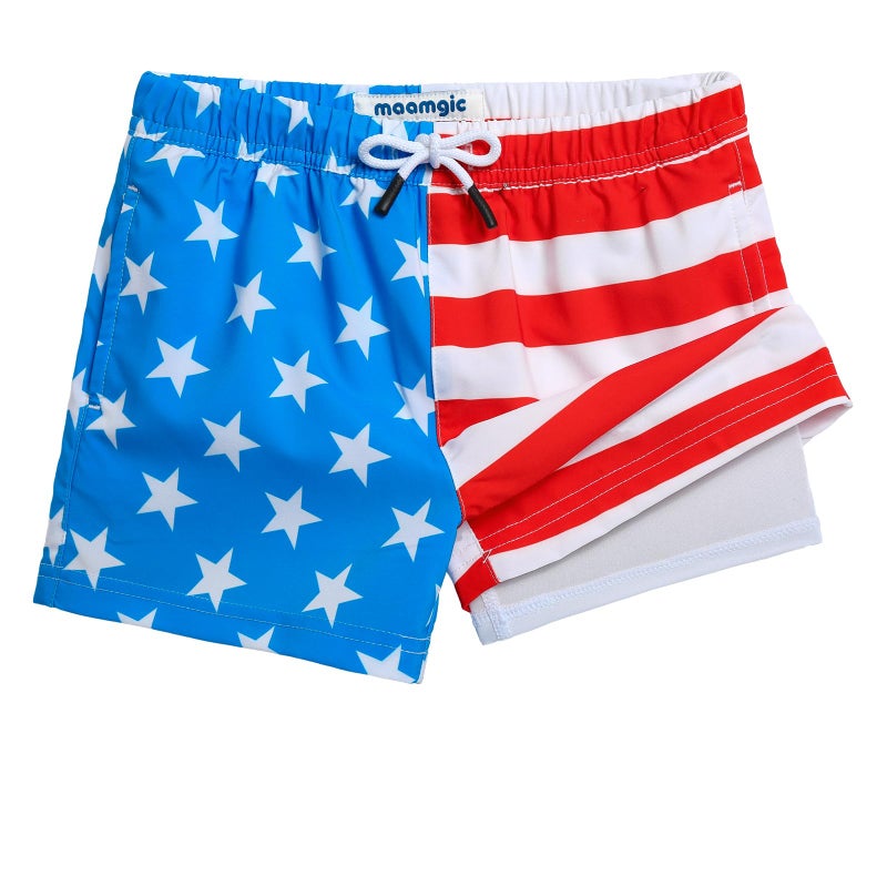 maamgic Boys Swim Trunks with Compression Liner Toddler Stretch Swim Shorts Quick Dry Swimming Trunks Boxer Brief 2 in 1 Beach Shorts American Flag 4T - Image 1
