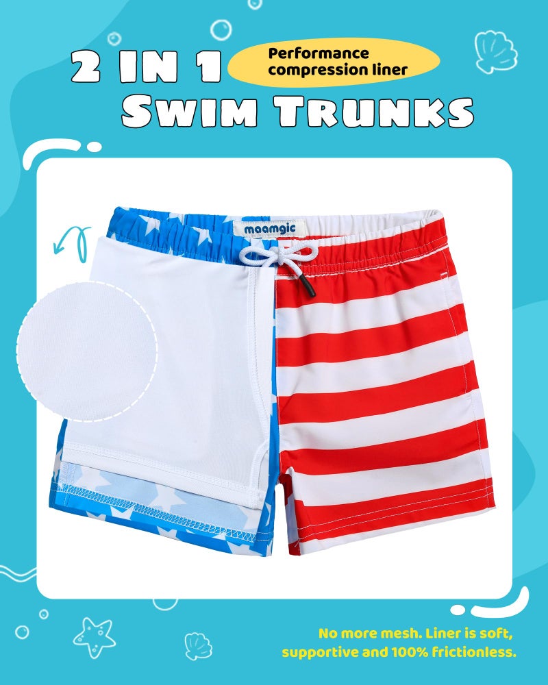 maamgic Boys Swim Trunks with Compression Liner Toddler Stretch Swim Shorts Quick Dry Swimming Trunks Boxer Brief 2 in 1 Beach Shorts American Flag 4T - Image 2