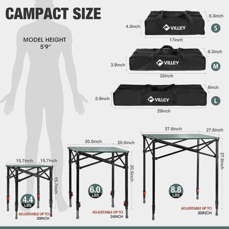 VILLEY Folding Camping Square Table with Carry Bag, Lightweight Aluminum Adjustable Square Table for Outdoor, Camping, Picnic, Backyards, BBQ (L) - Image 3