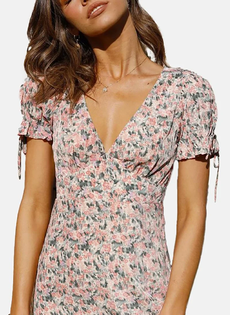 YUNIQEE White Floral Printed Puff Sleeves A-Line Mini Dress