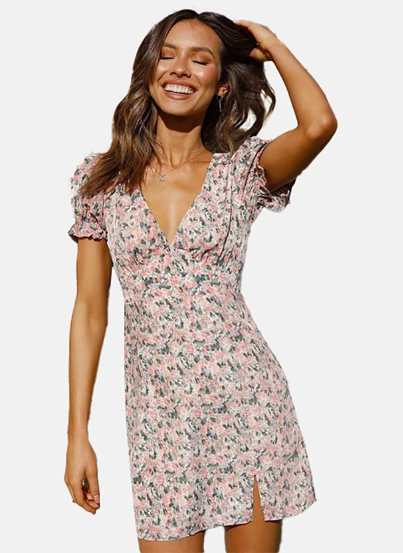YUNIQEE White Floral Printed Puff Sleeves A-Line Mini Dress