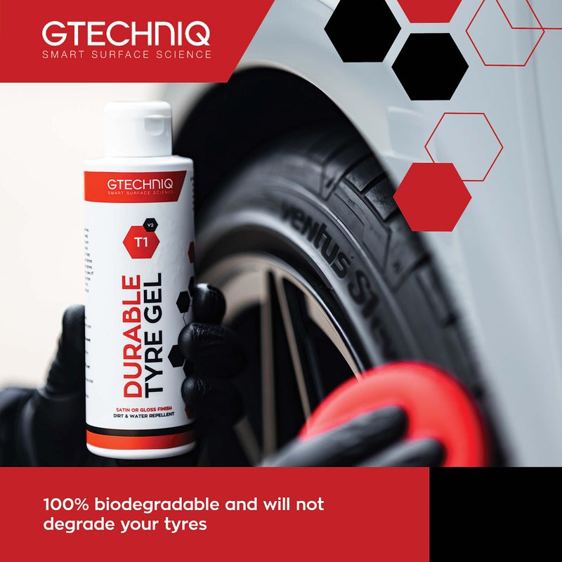 Gtechniq T1 Durable Tyre Gel for Car Tyre Shine, Car Wheel Cleaner Repels Water, Dirt and Grime, Restores Tyre Black Finish, Anti-Sling Formula, 100% Biodegradable, 250ml - Image 4