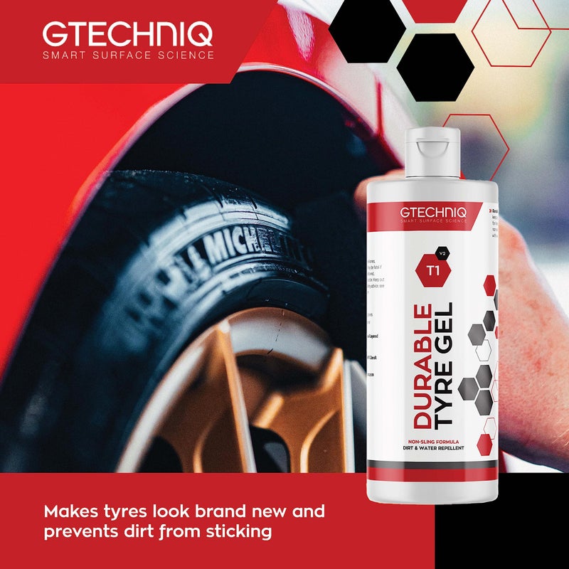 Gtechniq T1 Durable Tyre Gel for Car Tyre Shine, Car Wheel Cleaner Repels Water, Dirt and Grime, Restores Tyre Black Finish, Anti-Sling Formula, 100% Biodegradable, 250ml - Image 2