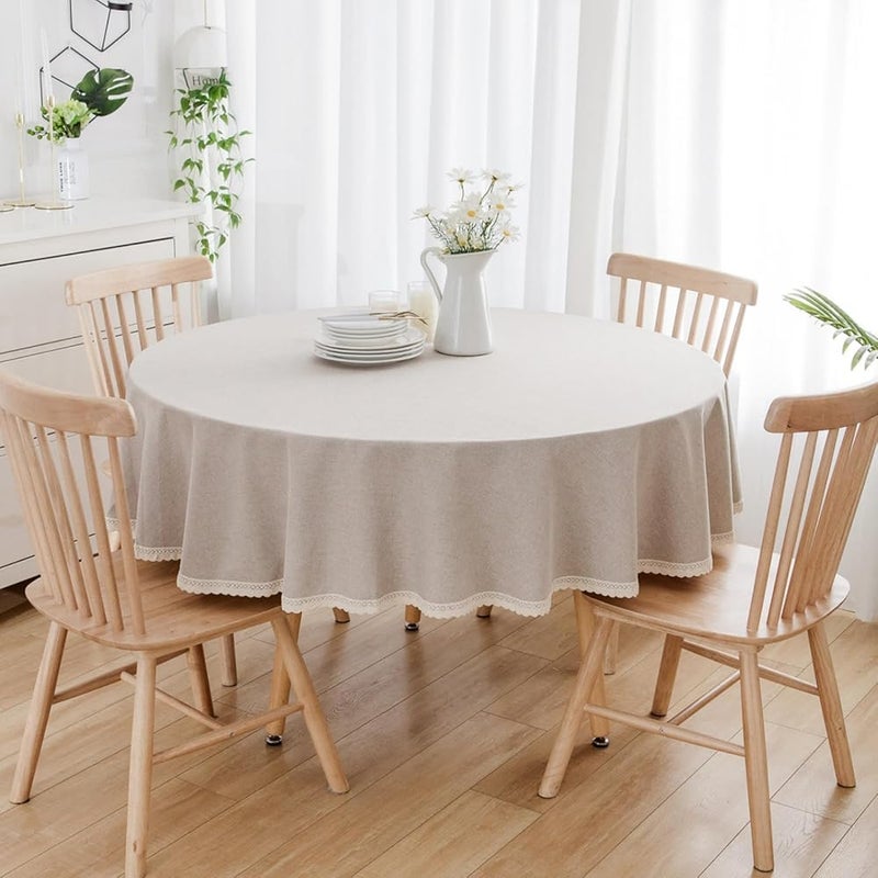 Large Round Tablecloth – 140cm Diameter, Coffee-Brown Color with Lace Trim, for Dining Table