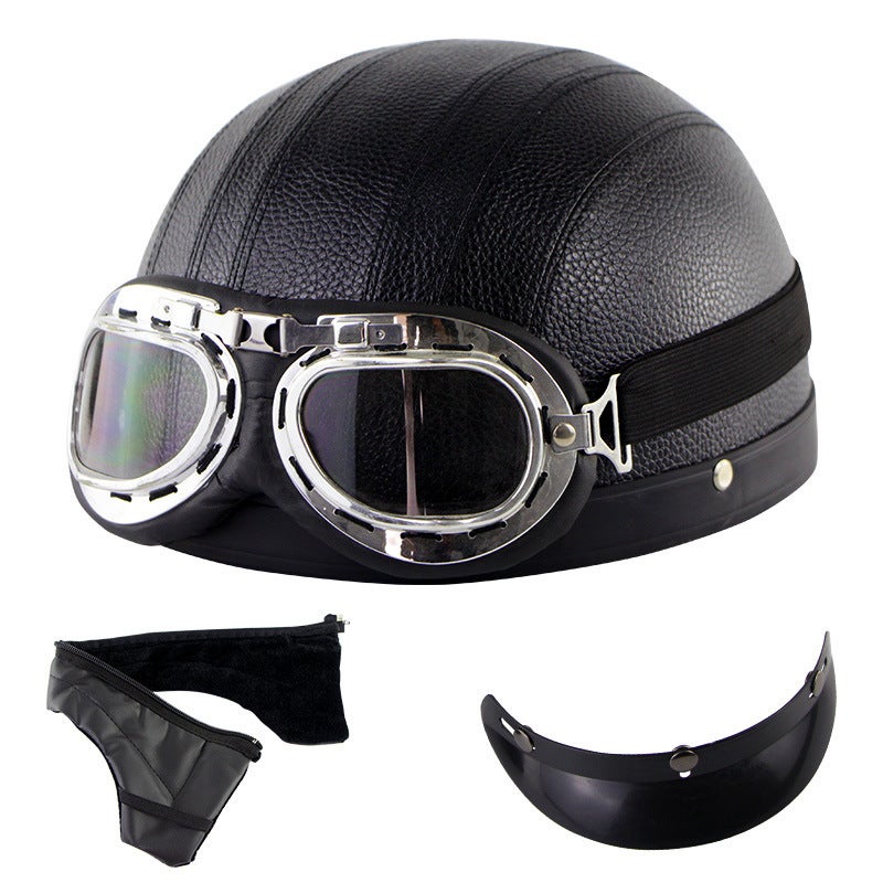 Generic Motorcycle Half Helmet Unisex Summer Riding Safety Gear Black leather helmet + Harley goggles + detachable scarf 