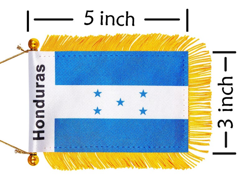 WXTWK 3 X 5 Inch Honduras Flag Honduran Window Hanging Flag Small Mini Car Flags Banners Rearview Mirror Decoration With Suction Cup Golden Fringy Banner - Image 2