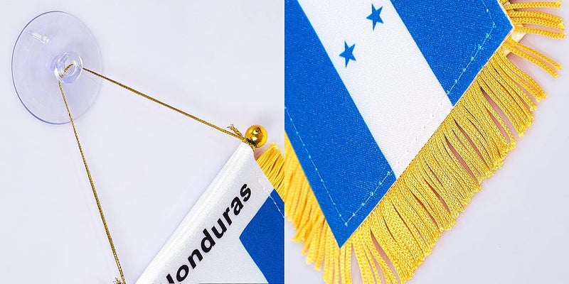 WXTWK 3 X 5 Inch Honduras Flag Honduran Window Hanging Flag Small Mini Car Flags Banners Rearview Mirror Decoration With Suction Cup Golden Fringy Banner - Image 3