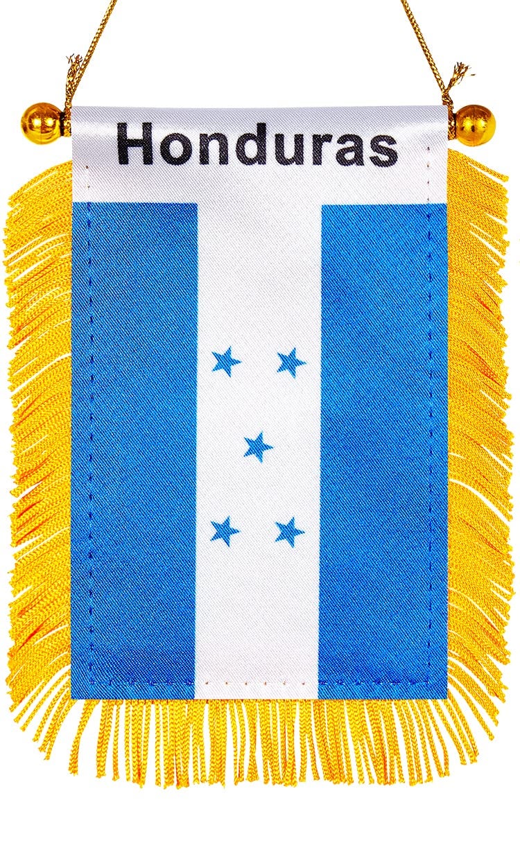 WXTWK 3 X 5 Inch Honduras Flag Honduran Window Hanging Flag Small Mini Car Flags Banners Rearview Mirror Decoration With Suction Cup Golden Fringy Banner - Image 1