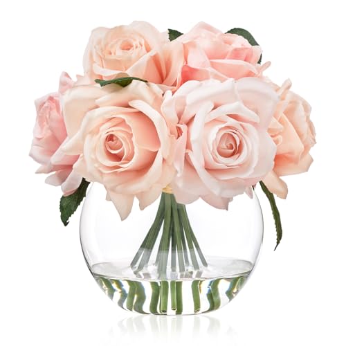 WELL KNOWN Artificial Flowers with Vase, Silk Rose Artificial Flowers Table Centerpieces with Faux Water for Home Decoration Fake Roses Flower Arrangements for Table Decor (Pink) - Image 1
