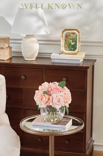 WELL KNOWN Artificial Flowers with Vase, Silk Rose Artificial Flowers Table Centerpieces with Faux Water for Home Decoration Fake Roses Flower Arrangements for Table Decor (Pink) - Image 4