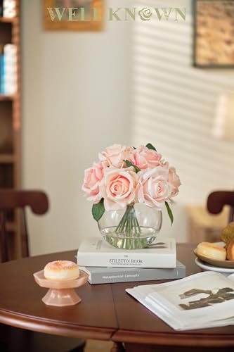 WELL KNOWN Artificial Flowers with Vase, Silk Rose Artificial Flowers Table Centerpieces with Faux Water for Home Decoration Fake Roses Flower Arrangements for Table Decor (Pink) - Image 3