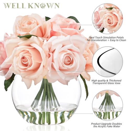 WELL KNOWN Artificial Flowers with Vase, Silk Rose Artificial Flowers Table Centerpieces with Faux Water for Home Decoration Fake Roses Flower Arrangements for Table Decor (Pink) - Image 5