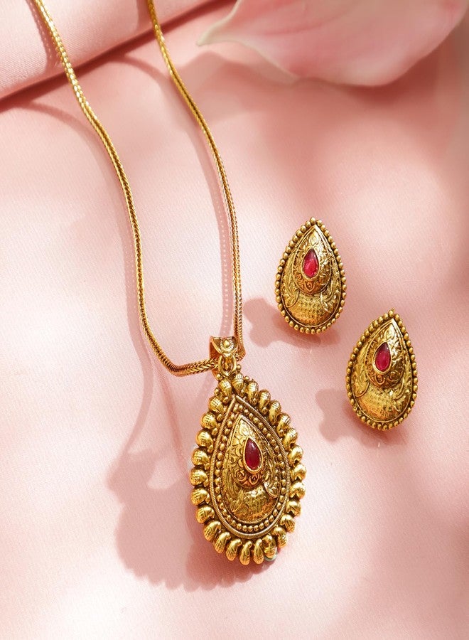 Rubans Gold Plated Pendant Set Traditional Jewellery Teardrop Ruby Pink Stone Gift for Women & Girls - Image 3