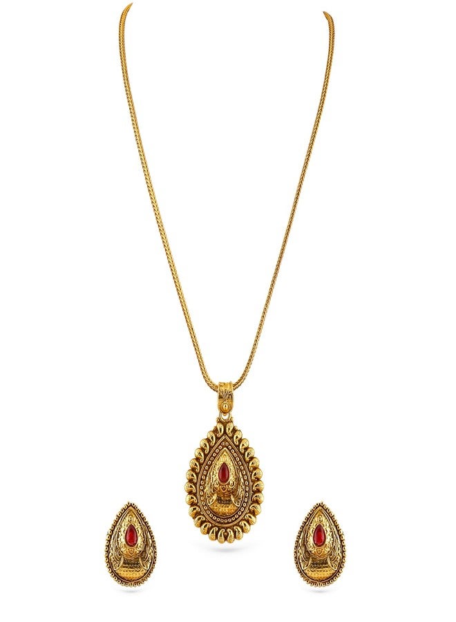 Rubans Gold Plated Pendant Set Traditional Jewellery Teardrop Ruby Pink Stone Gift for Women & Girls - Image 1