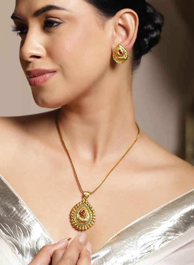 Rubans Gold Plated Pendant Set Traditional Jewellery Teardrop Ruby Pink Stone Gift for Women & Girls - Image 2
