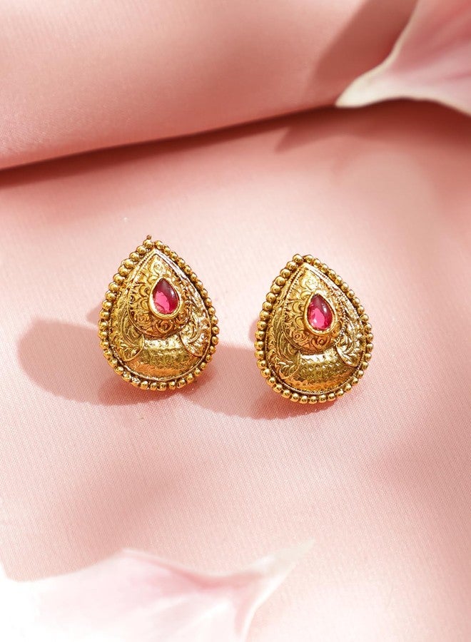 Rubans Gold Plated Pendant Set Traditional Jewellery Teardrop Ruby Pink Stone Gift for Women & Girls - Image 5