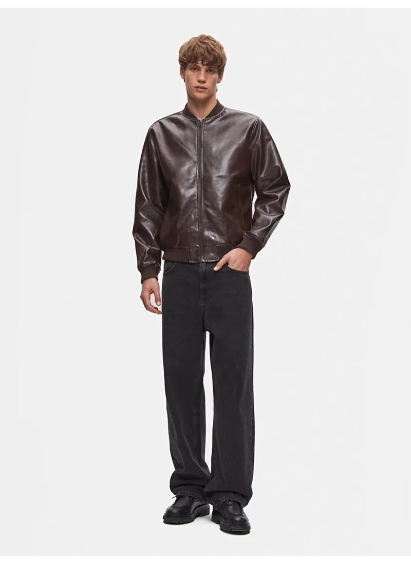إل تي بي Knitwear Collar Plain Brown Jacket