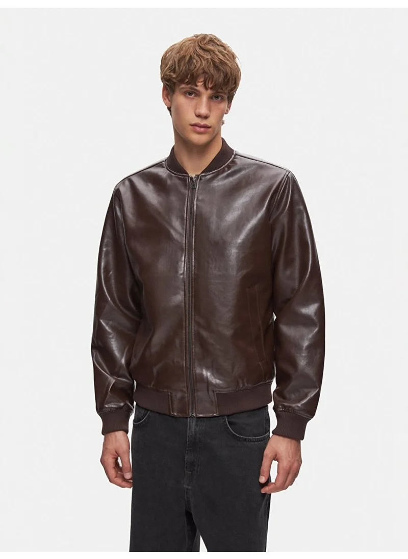إل تي بي Knitwear Collar Plain Brown Jacket