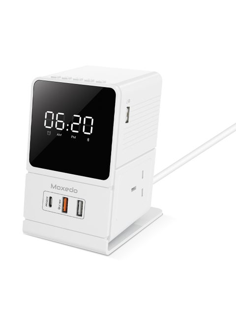 Moxedo Multi- Function 3250W Desktop Charging Hub 2 AC Socket and 3 USB Ports Power Strip 20W USB-C Port 18W QC Port with Wireless Bluetooth Speaker Digital Alarm Clock