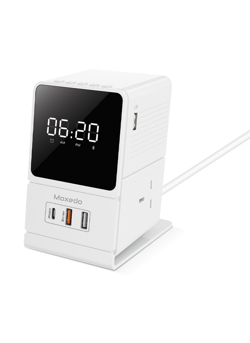 Moxedo - Moxedo Multi- Function 3250W Desktop Charging Hub 2 AC Socket and 3 USB Ports Power Strip 20W USB-C Port 18W QC Port with Wireless Bluetooth Speaker Digital Alarm Clock - Image 1