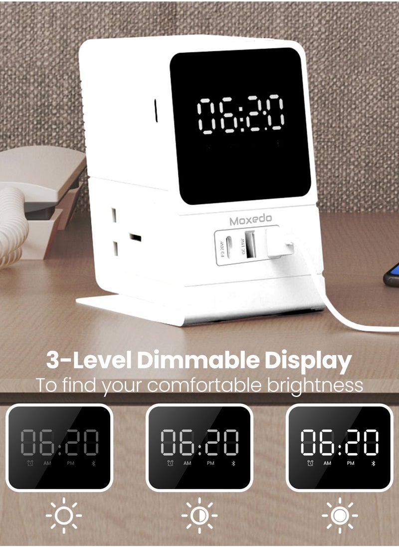 Moxedo - Moxedo Multi- Function 3250W Desktop Charging Hub 2 AC Socket and 3 USB Ports Power Strip 20W USB-C Port 18W QC Port with Wireless Bluetooth Speaker Digital Alarm Clock - Image 1