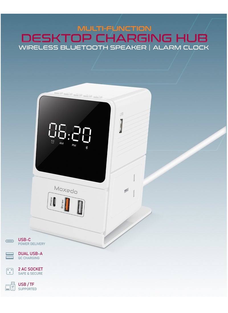 Moxedo - Moxedo Multi- Function 3250W Desktop Charging Hub 2 AC Socket and 3 USB Ports Power Strip 20W USB-C Port 18W QC Port with Wireless Bluetooth Speaker Digital Alarm Clock - Image 1