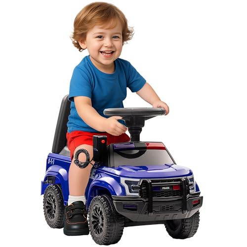 Aosom Kids Push Ride On Car with Working PA System and Horn Police Truck Style FoottoFloor Sliding Car for Boys and Girls with UnderSeat Storage for 18 Months to 5 Years Old Blue - Image 1