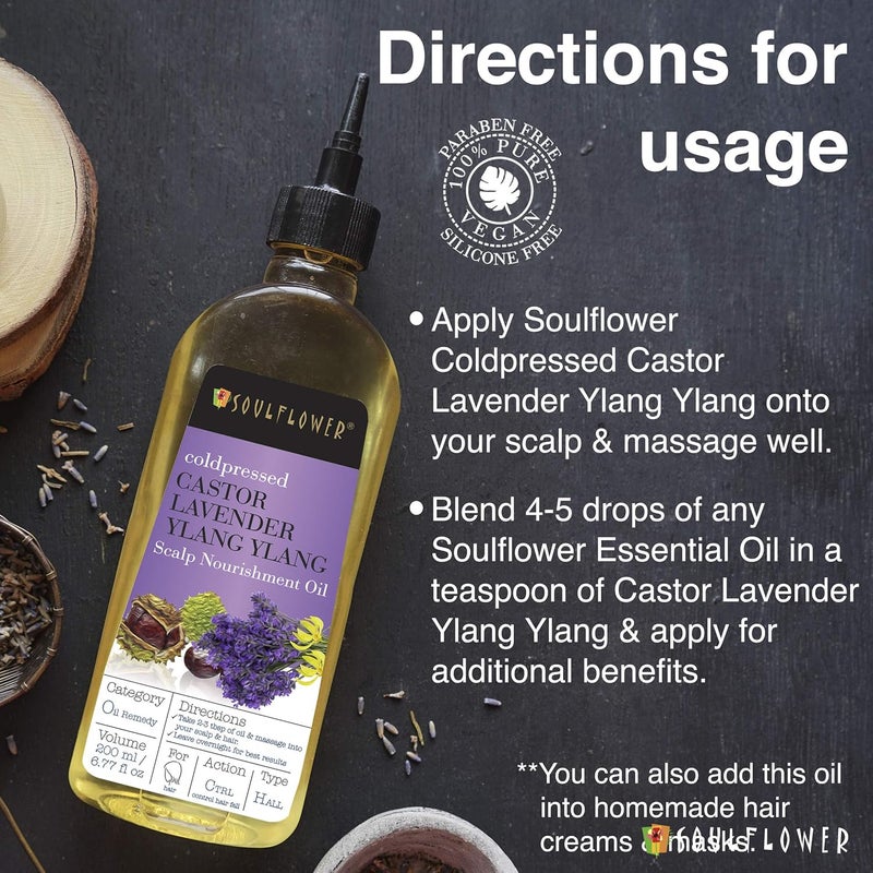 Soulflower Scalp Nourishment Hair Oil With Blend Of Castor, Lavender, Ylang Ylang Oil For Hair Fall Control, Scalp, Hair Nourishment - 100% Pure, Organic, Natural Cold Pressed Oil - 6.77 Fl.Oz - Image 5