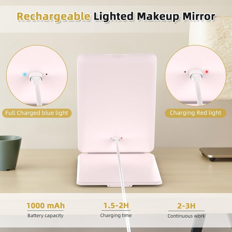 WEILY Make-up Mirror with Lighting, 5x Magnification, 3 Colours, Dimmable Touchscreen, USB Rechargeable Make Up Mirror for Travel (Pink) - Image 4