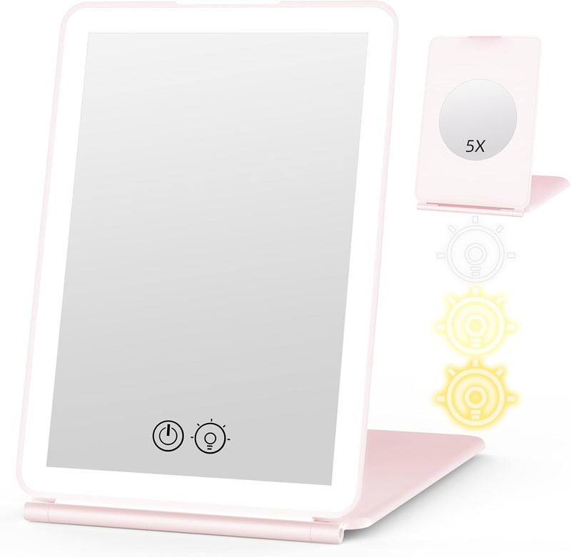 WEILY Make-up Mirror with Lighting, 5x Magnification, 3 Colours, Dimmable Touchscreen, USB Rechargeable Make Up Mirror for Travel (Pink) - Image 1