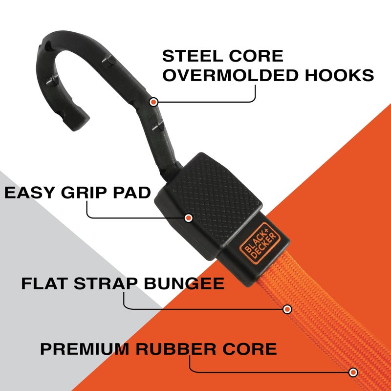 Black+Decker BDX1012 Black/Orange 48" Flat Bungee Cord Straps, 2 Pack - Image 2