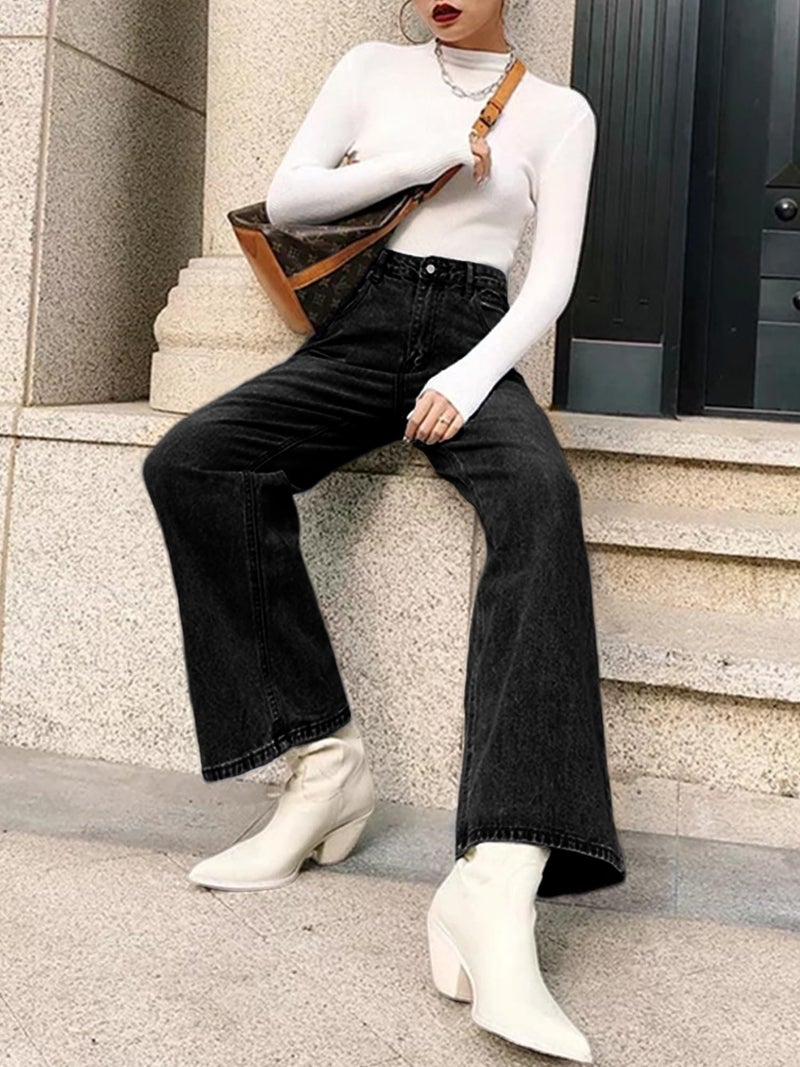 HDLTE Baggy Wide Leg Jeans for Women High Waisted Trendy Flare Jeans Boyfriend Denim Pants with Patch Pockets,Black,X-Large - Image 5
