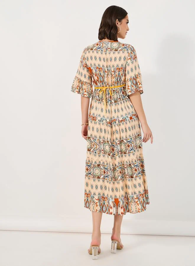 Styli Bohemian Print V Neck A-Line Midi Dress