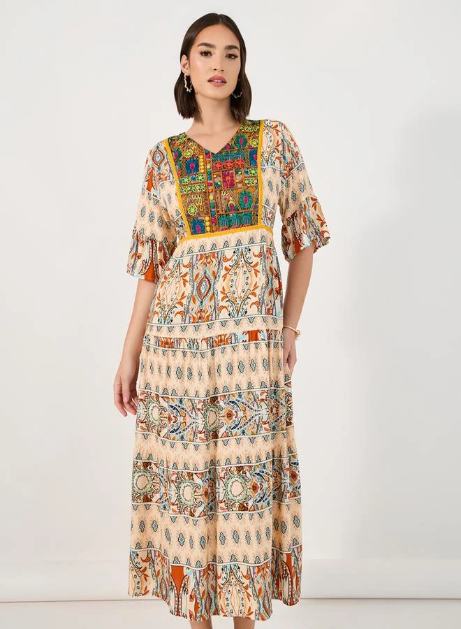 Styli Bohemian Print V Neck A-Line Midi Dress