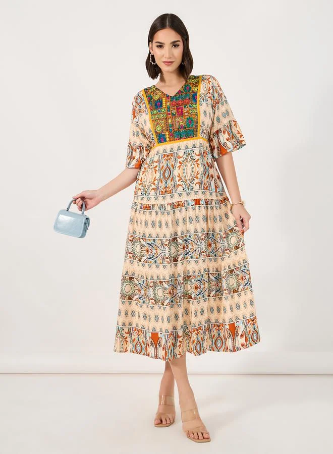 Styli Bohemian Print V Neck A-Line Midi Dress